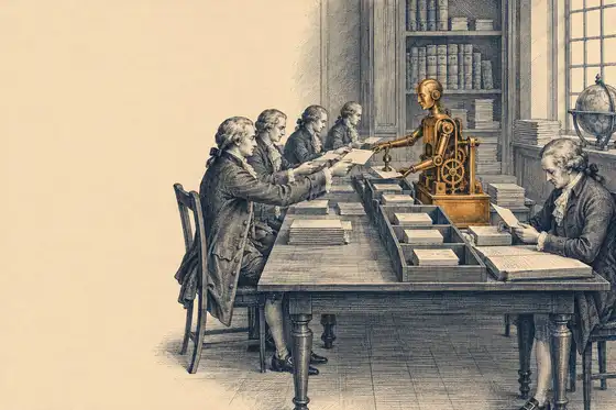 Engraved plate of a counting house: clerks pass documents to a small clockwork automaton that stamps them, while one clerk checks its output against a ledger.