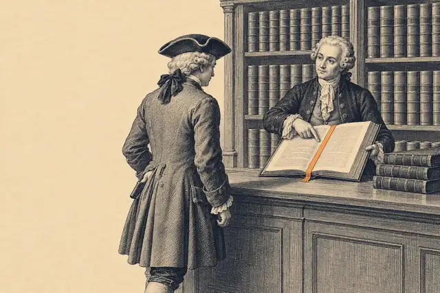Engraving of a clerk behind a shop counter holding a large open ledger towards a customer and pointing at one passage, with an orange ribbon bookmark lying across the page and shelves of bound ledgers behind him.