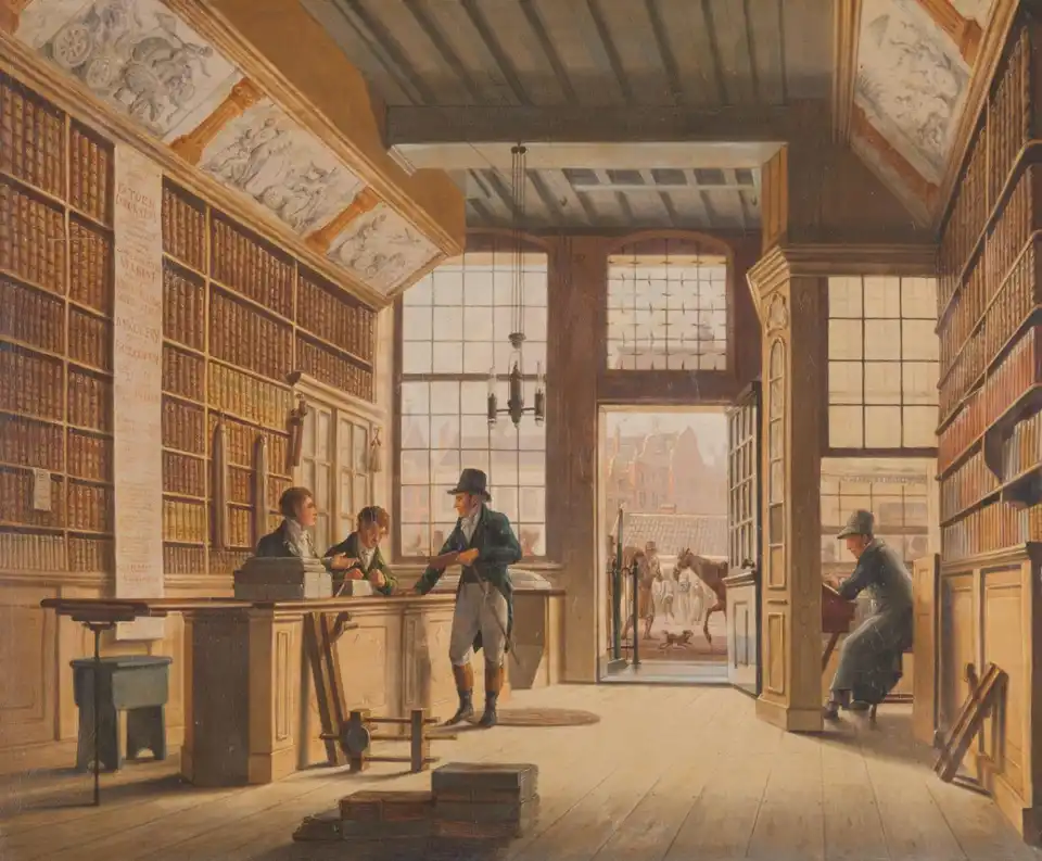 Painting of an Amsterdam bookshop in 1820: a customer in a top hat holds a book at the counter while two assistants attend to him, walls of bound books rise on both sides, and a clerk writes at a desk by the window.