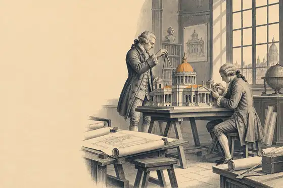Engraved plate of an architects' drawing office: drafting tables, rolled plans and a model of a building being measured with dividers.