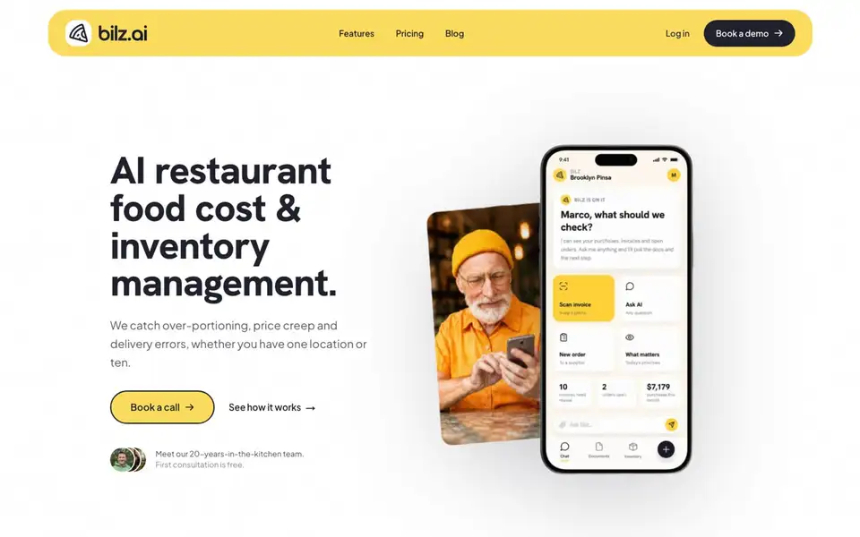 The bilz.ai home page: a white page with a yellow navigation bar, the headline 'AI restaurant food cost and inventory management', a photo of a chef and a phone showing the Bilz chat.