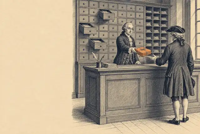 Engraved plate of a records office: behind a wooden counter, a clerk hands one tied orange bundle of papers to a visitor in a tricorn hat; behind the clerk, a wall of small drawers with three pulled open, where the papers came from.