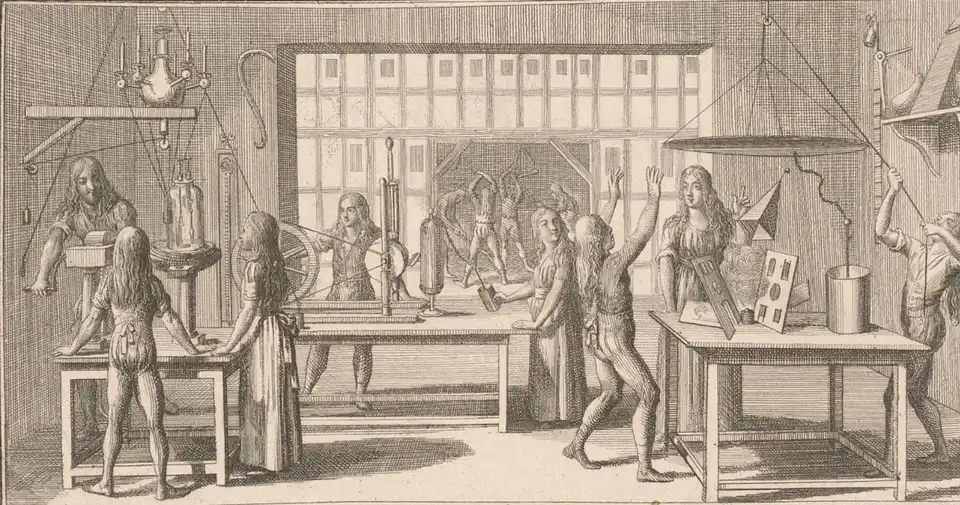 Etching of a physicist's workshop in 1791: at three long tables people work an electrical machine with a large wheel, glass jars, pulleys and a hanging disc, each at their own instrument, with cords running between the apparatus and the ceiling.