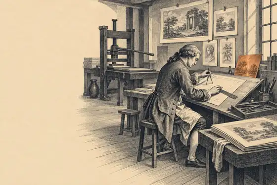 Engraved plate of an engraver's studio: a person at a slanted desk laying out a page with rule and compass, proof sheets pinned to the wall.