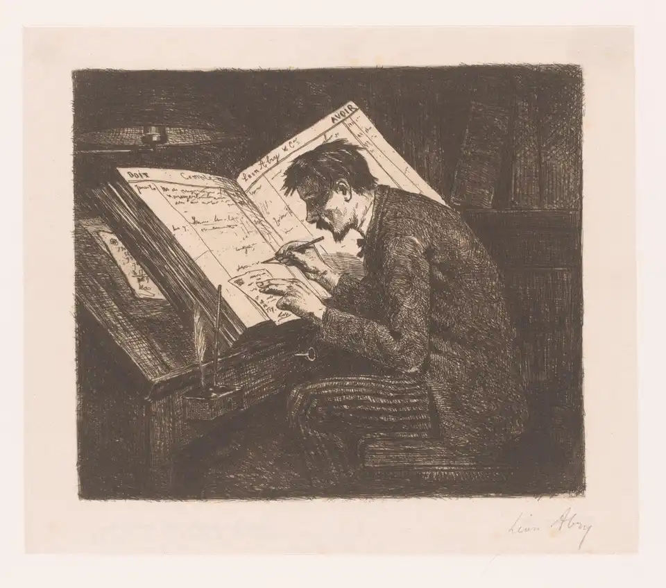 A print of a seated bookkeeper leaning over a large open ledger, holding a pen in one hand and resting the other on the page.
