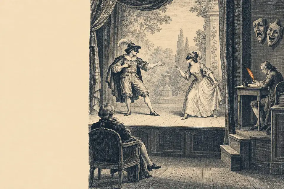 Engraved plate of a small theatre: two masked actors improvise a scene for a seated audience of one while a playwright in the wings writes their lines.