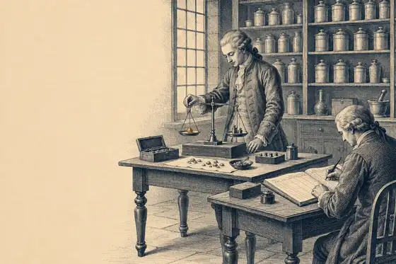 Engraved plate of a weighing room: a person weighing small objects on a balance beside shelves of labelled jars, another writing columns of numbers.