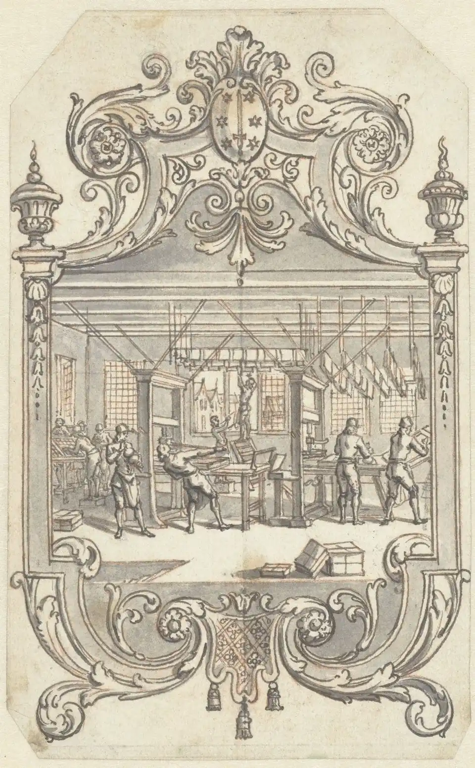 Drawing of the Enschedé printing house in Haarlem around 1740: compositors and pressmen at work, inside an ornamental frame.