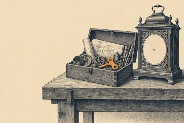 Engraving of a workbench with a bracket clock whose blank face has only a winding hole, and beside it an open wooden chest holding rolled drawings, spare gears, small tools and the clock's winding key, drawn in orange.