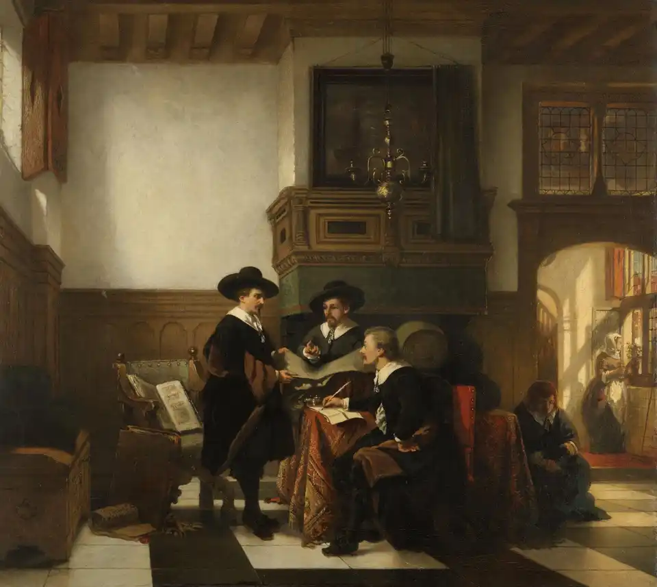 Painting of three cloth inspectors in black hats and white collars in a panelled hall: one holds up a length of cloth, one points at it and one takes notes at a table covered with a rug, while two women wait by an archway on the right.