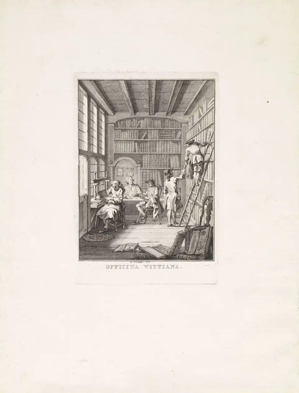 An eighteenth-century print of a bookseller's shop, with readers at a table and two people reaching for books beside a ladder.