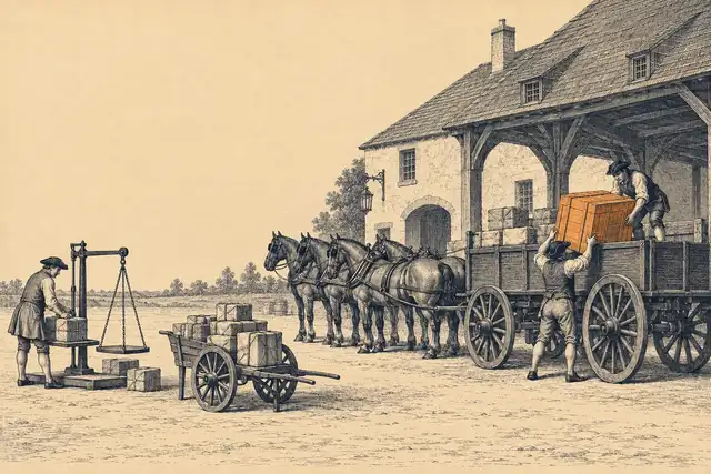 Engraved plate of a goods yard: a porter weighs parcels at a scale, a small handcart stands loaded with light parcels, and two men lift one heavy orange crate onto a large four-horse wagon.