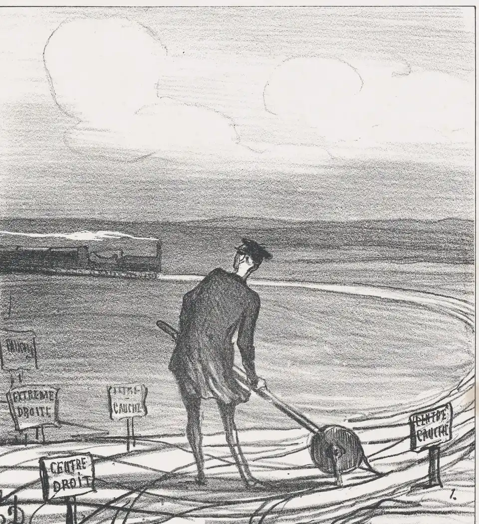 Daumier lithograph of a railway pointsman, seen from behind, pulling a lever at a junction where tracks fan out past signposts, while a train approaches in the distance.
