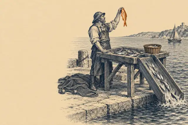 Engraving of a fisherman on a stone quay at a sorting table after the net has been hauled in: most of the catch slides down a wooden chute back into the sea, a small basket on the table holds a few kept fish, and he holds up one orange fish to look at it.