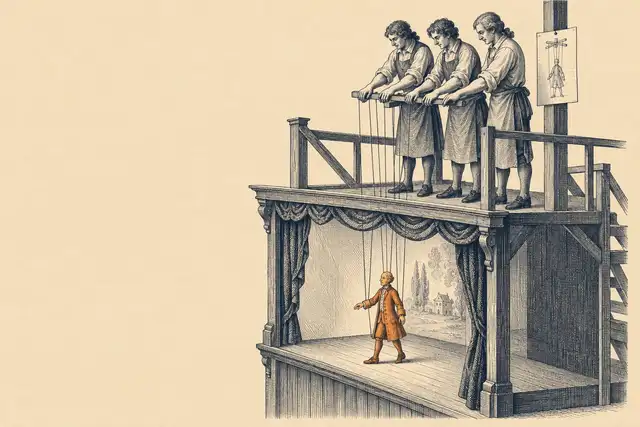 Engraving of three puppeteers in aprons on the bridge of a small puppet theatre, all holding the same wooden control bar, its strings running down to a single marionette in an orange coat on the stage below; a sheet with a drawing of the marionette is pinned to a post beside them.