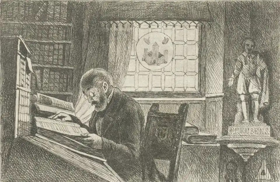 Etching of an archivist in spectacles reading a large open ledger at a sloping desk, beside a rack of pigeonholes and shelves of bound volumes, with a statuette of Rubens on a bracket by the window.