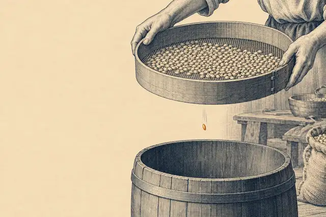 Engraving of two hands holding a round wooden sieve over an empty barrel in a workshop; hundreds of pale grains are caught on the mesh while a single orange grain falls through towards the barrel.