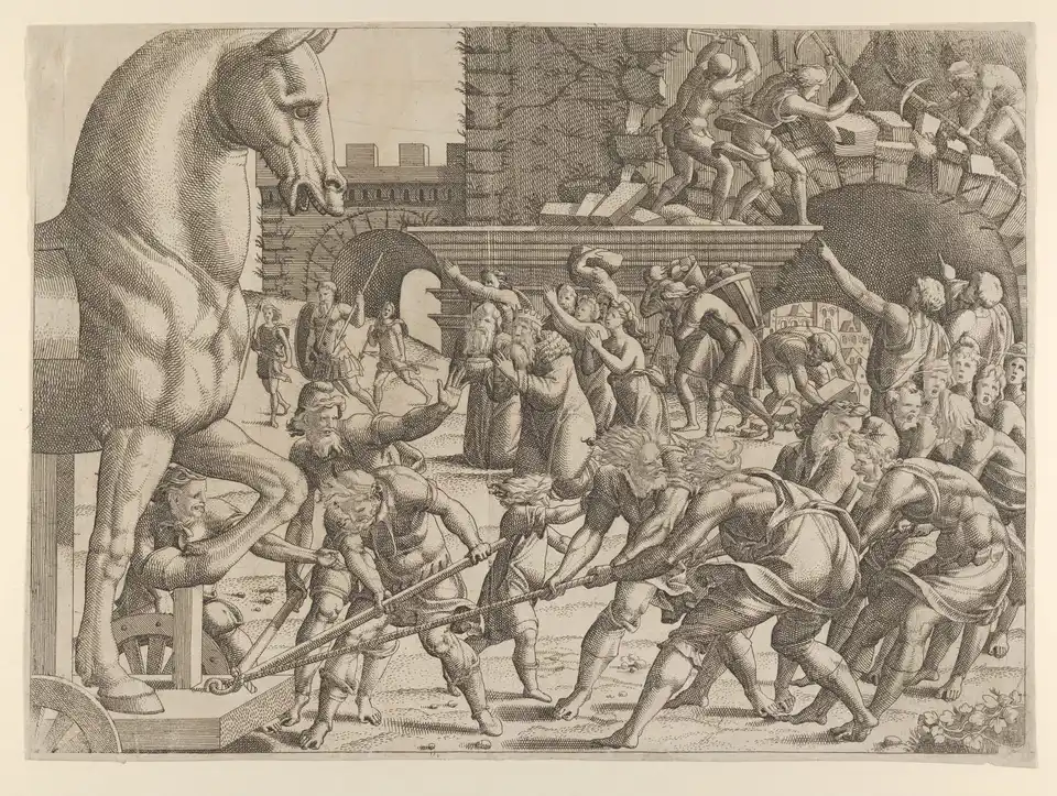 Jean Mignon etching: Trojans haul the wooden horse on a wheeled platform with ropes and poles, while men on top of the city wall break it open with picks to let the horse through and a crowd with a crowned king looks on.
