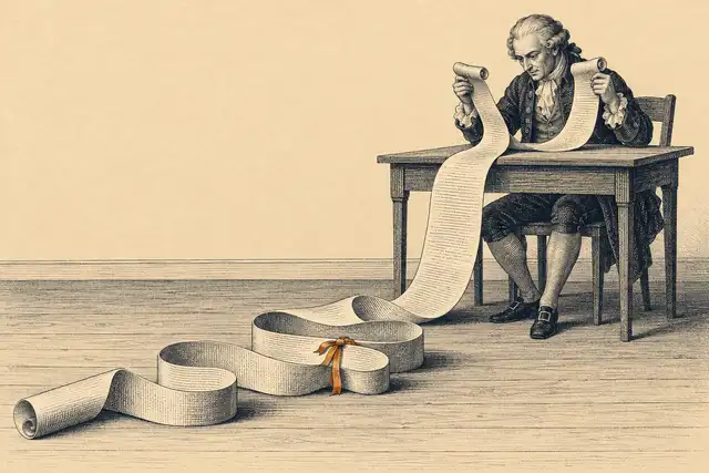Engraving of a scholar at a wooden desk reading the two ends of a very long paper scroll, one end in each hand, while the middle of the scroll lies in coils on the floor with an orange ribbon tied round one coil, out of his sight.