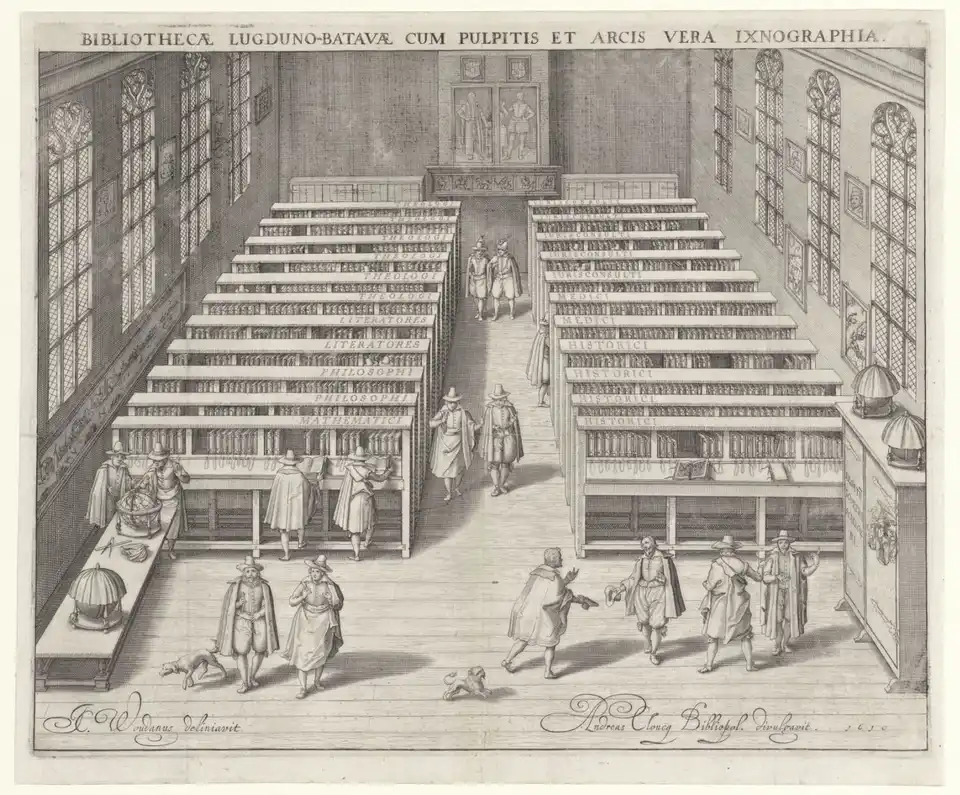 Engraving of the Leiden University library in 1610: rows of bookcases labelled by subject, Theologi, Iurisconsulti, Medici, Historici, with books chained to lecterns, scholars reading at them and visitors talking in the aisle.