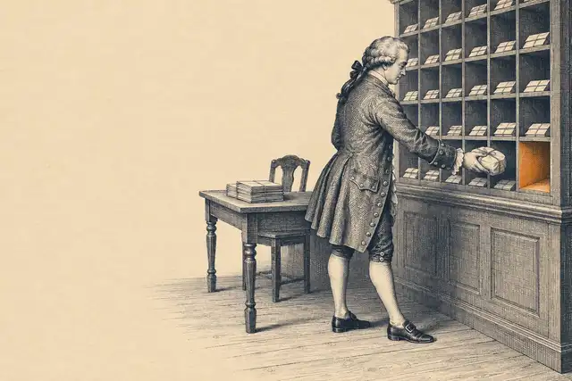 Engraving of an eighteenth-century clerk at a tall cabinet of pigeonholes, each holding a stack of letters. He holds a round parcel that fits none of them and reaches towards the one empty pigeonhole at the end of a row, coloured orange.