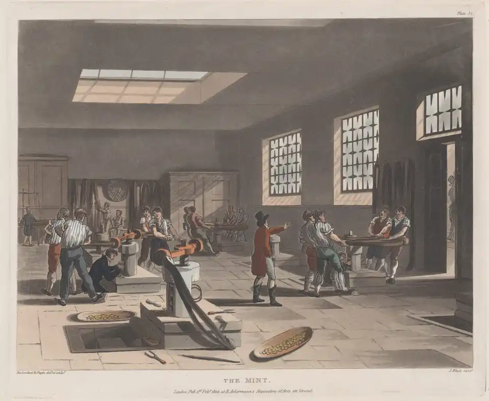 Rowlandson and Pugin's hand-coloured print of the coining room at the London Mint: teams of men swing the arms of screw presses, a boy feeds blanks at the base of one, a man in a red coat directs the work, and oval trays of struck coins lie on the stone floor.
