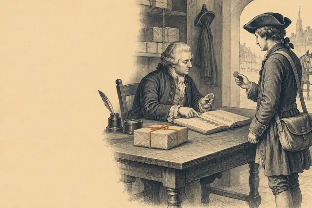 An engraved scene of a clerk checking tokens against an open ledger, with a single parcel tied in orange on the desk and a messenger waiting beside him.