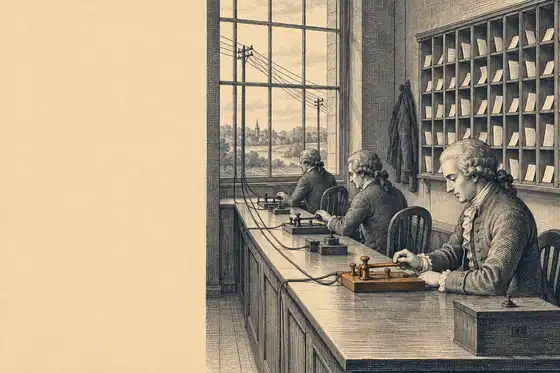 Engraved plate of a telegraph office: operators at keys along a counter, wires leaving through a tall window, a rack of sorted message slips.