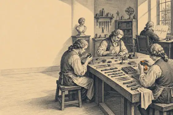 Engraved plate of a small workshop where instrument makers assemble a wearable heart-rate device at a long bench while one reads a chart.