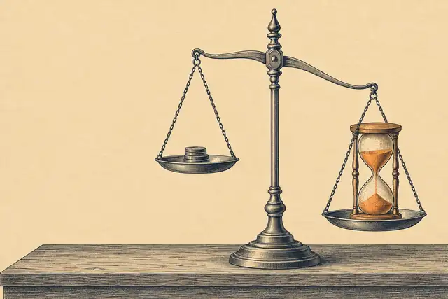 Engraved plate of a merchant's balance on a wooden counter: a small stack of coins on the raised left pan is outweighed by a large orange hourglass on the lowered right pan.
