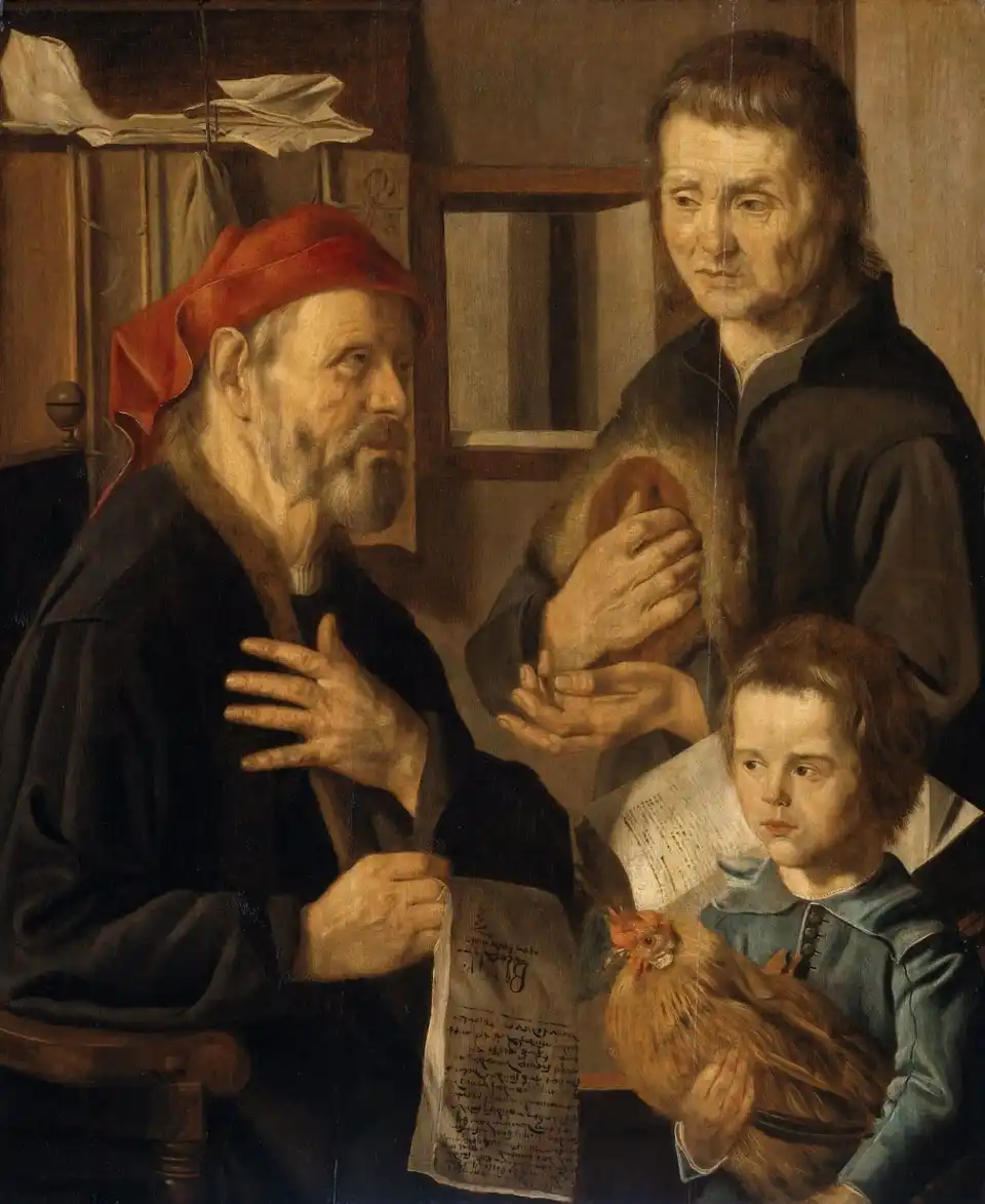 Painting of a steward in a red cap seated in his office holding a written document, while a farmer holds out a coin in his open palm and a boy beside him carries a rooster.